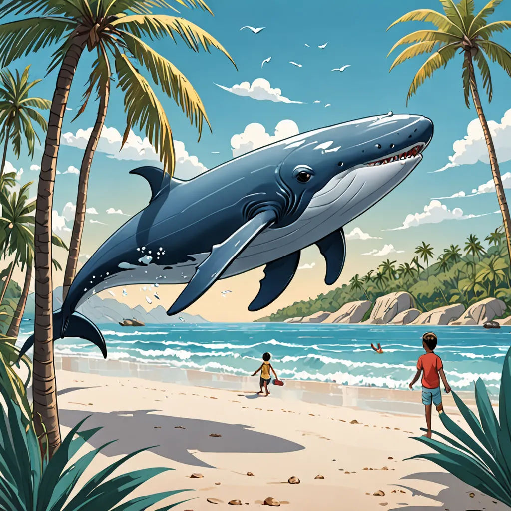 a painting of a man and a boy on a beach with a whale in the air above them and a man standing on the beach, american scene painting, a storybook illustration, Chris LaBrooy, detailed illustration