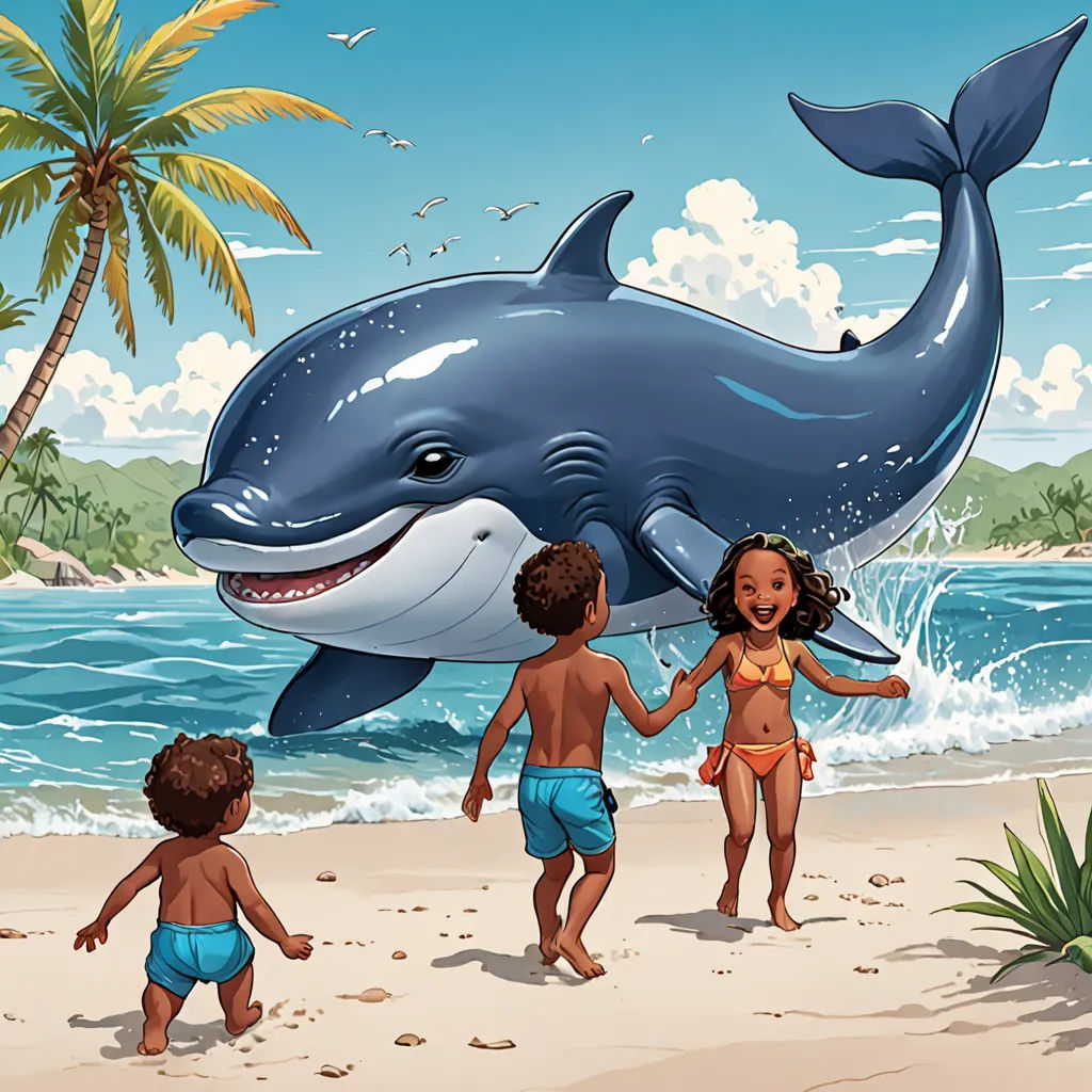 a group of children playing on the beach with a dolphin in the background and a dolphin in the foreground, afrofuturism, a storybook illustration, Diego Gisbert Llorens, promotional image