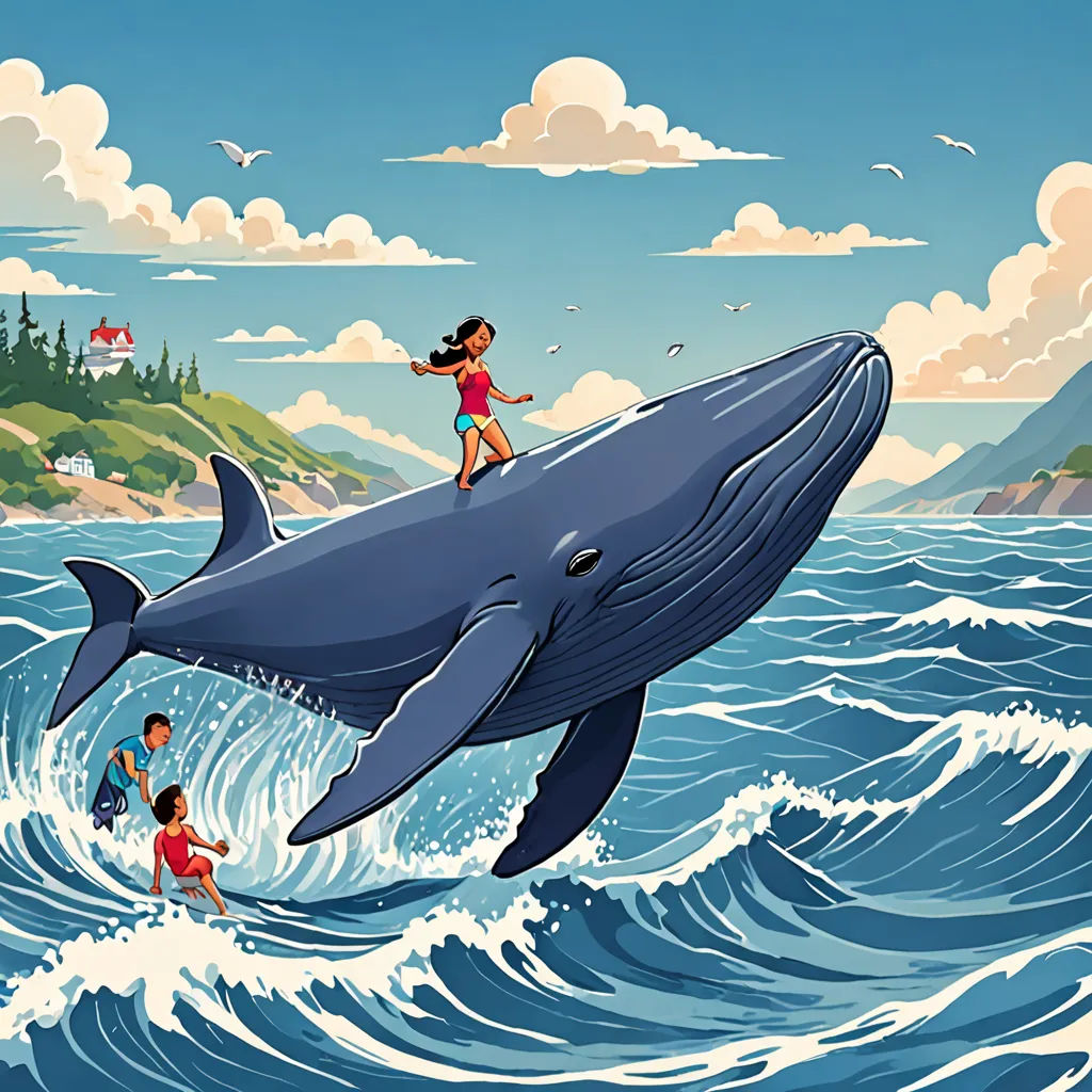 a cartoon of a girl riding a whale while a man watches from the water's edge with a boat in the background, magical realism, a storybook illustration, Chris LaBrooy, high detail illustration