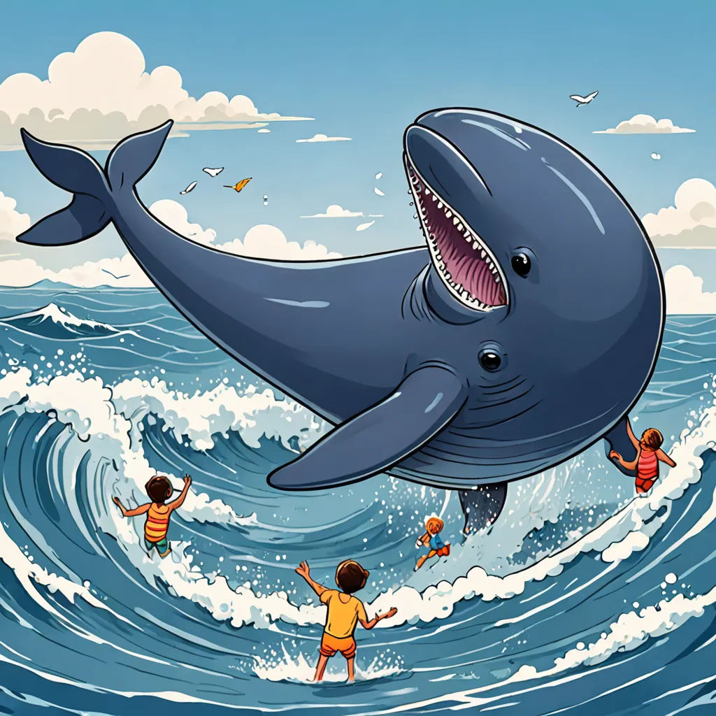 a cartoon of a shark jumping out of the water with people swimming nearby in the ocean with a shark on the water, pop surrealism, a storybook illustration, Chris LaBrooy, storybook illustration