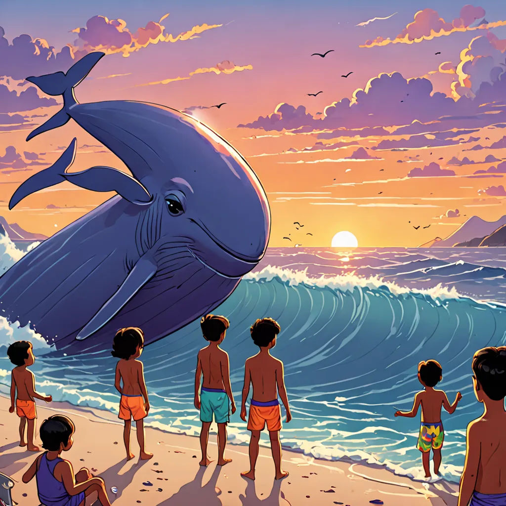 a group of children watching a whale jump out of the water at sunset on a beach with a group of people watching, magical realism, a storybook illustration, Asaf Hanuka, storybook illustration
