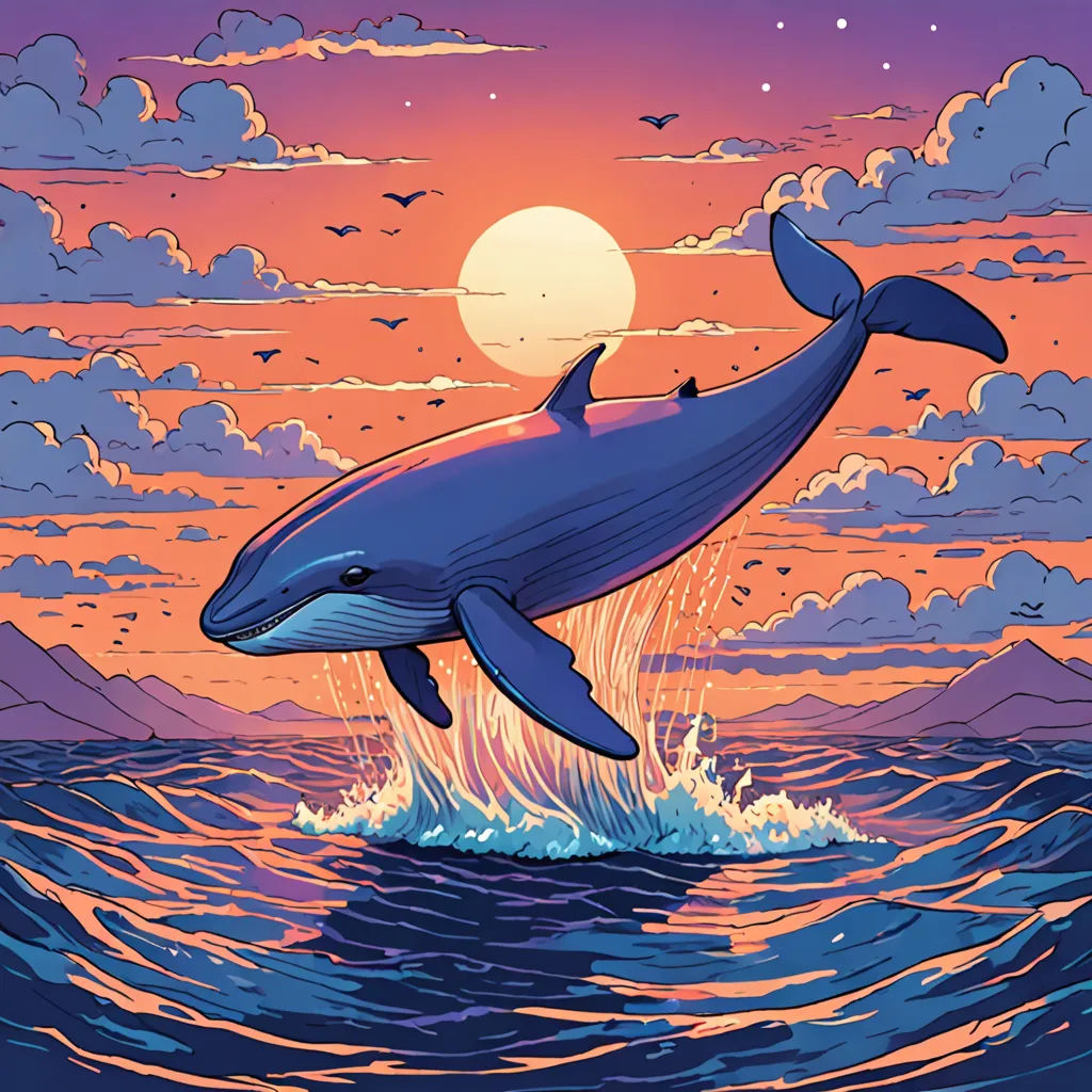 a dolphin jumping out of the water at sunset with a full moon in the background and clouds in the sky, rayonism, a storybook illustration, Dan Mumford, josan gonzales and dan mumford
