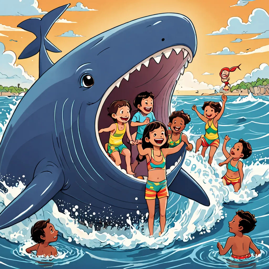 a group of children riding on the back of a shark in the ocean with a man in the background, context art, a storybook illustration, Asaf Hanuka, storybook illustration
