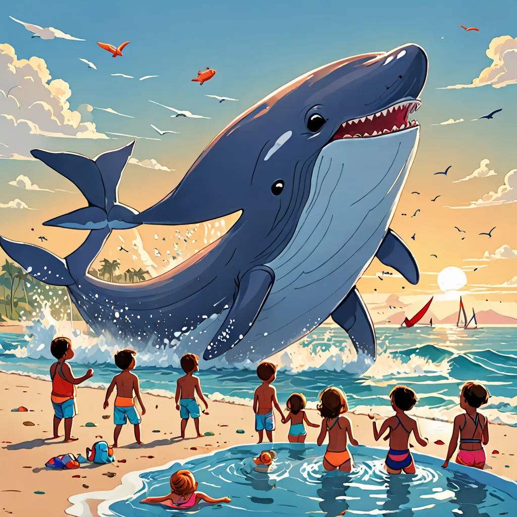 a group of children standing on top of a beach next to a dolphin jumping out of the water with a shark in the air, american scene painting, a storybook illustration, Chris LaBrooy, extreme illustration