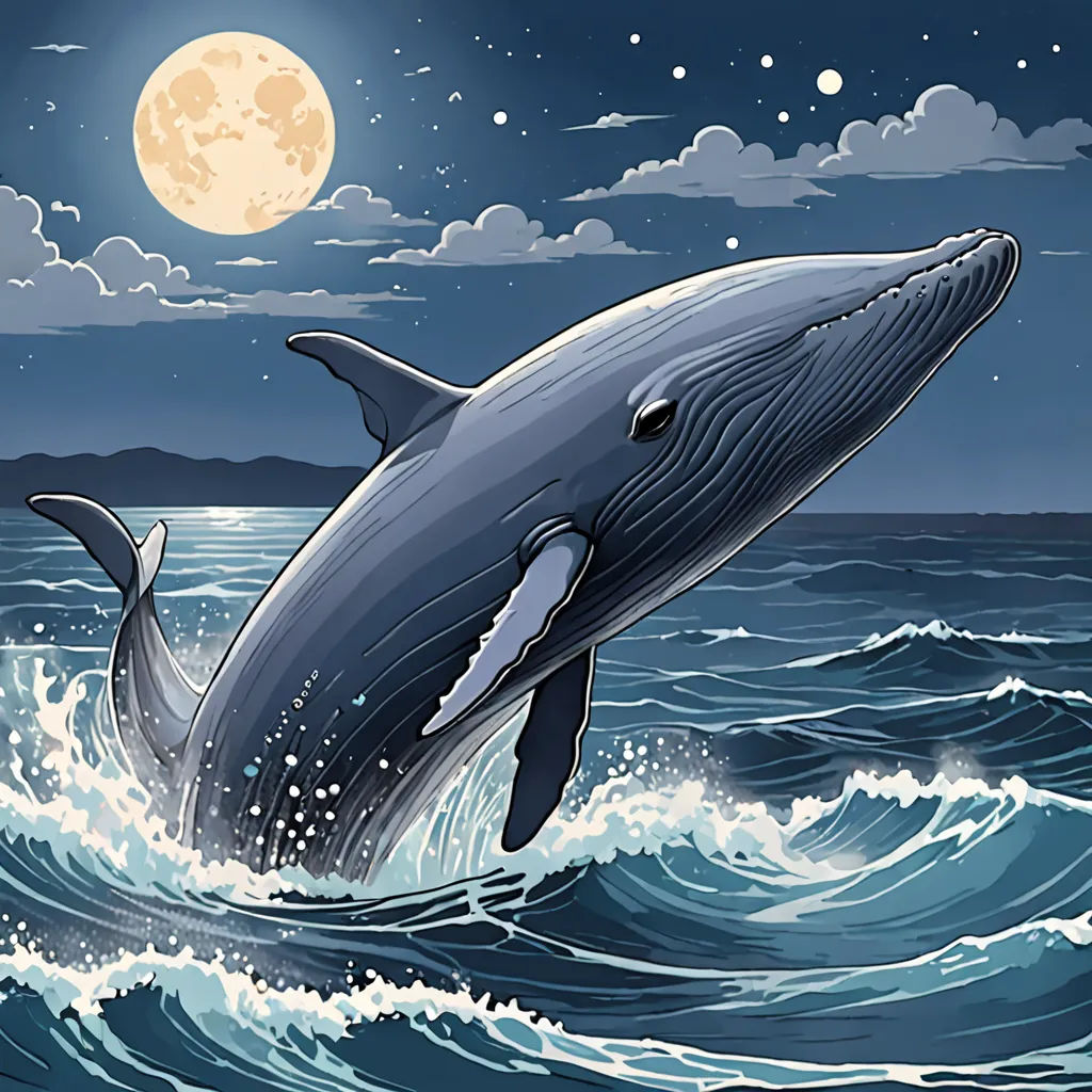 a whale jumping out of the water at night with a full moon in the background and clouds in the sky, rayonism, a storybook illustration, Dan Mumford, storybook illustration