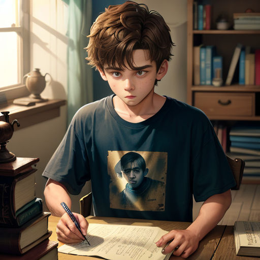 a boy sitting at a desk with a book and pen in his hand and a picture of him on the shirt