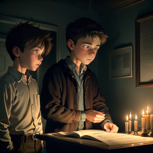 two boys standing in front of a lit candle display in a dark room with a book open and lit candles