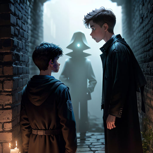 a boy and a boy in a dark alley with candles in front of them and a man in a long coat