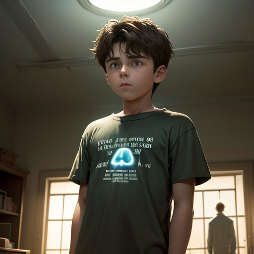 a young boy standing in a room with a light on his head and a person standing in the background