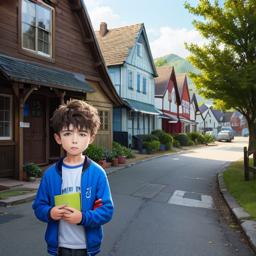 a young boy standing in front of a row of houses holding a green folder in his hands and looking at the camera