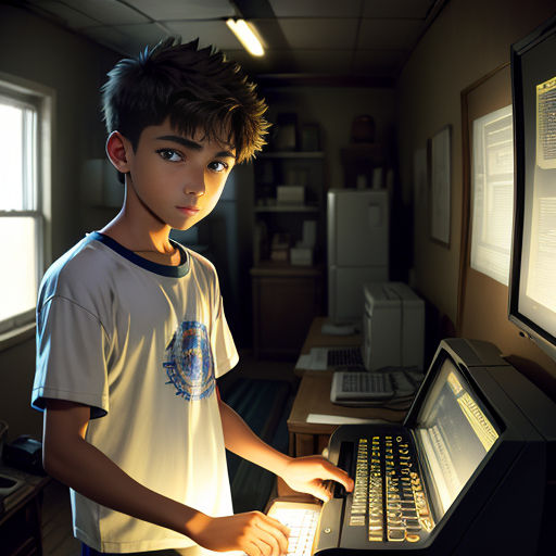 a young boy is using a computer in a dark room with a window and a desk with a computer on it