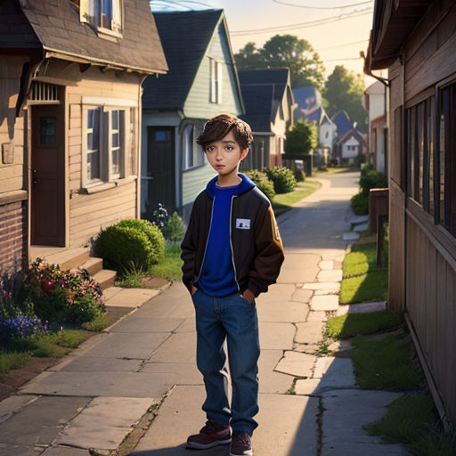 a boy standing on a skateboard on a sidewalk in a neighborhood with houses and a sidewalk with a sidewalk