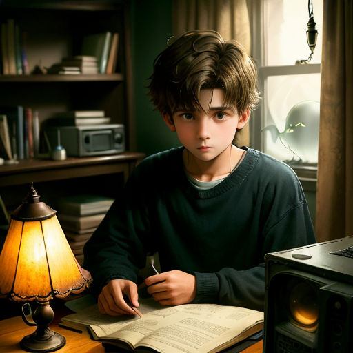 a boy sitting at a desk with a book and a lamp on it, writing a book with a pen