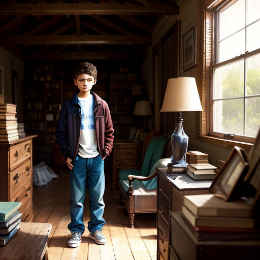 a young man standing in a room with a lamp and books on the floor and a table with a lamp on it