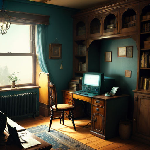 a room with a desk, chair, and television in it with a window and a rug on the floor