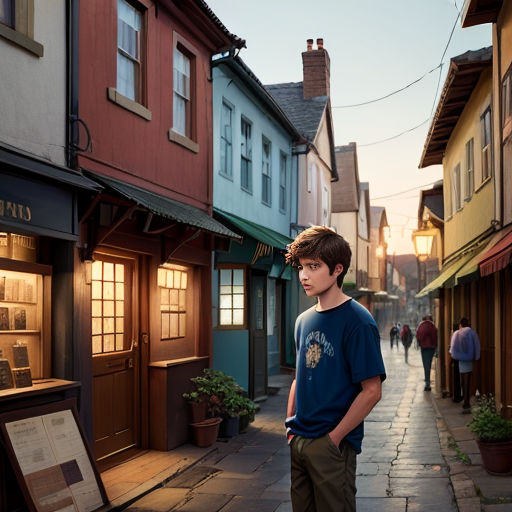 a boy standing on a sidewalk in front of a storefront with a plaque on it's side