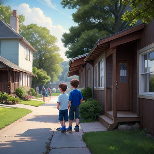 two boys standing on a sidewalk in front of a house with a dog on the sidewalk and a person walking on the sidewalk