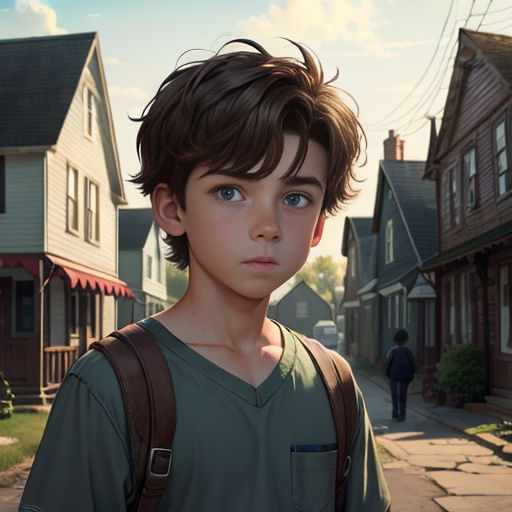 a boy with a backpack standing in front of a house on a street with a person walking by him