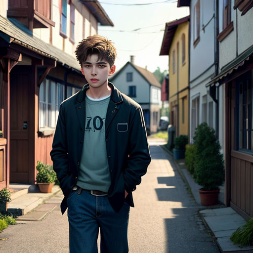 a young man standing in the middle of a street in front of houses with a number on his shirt