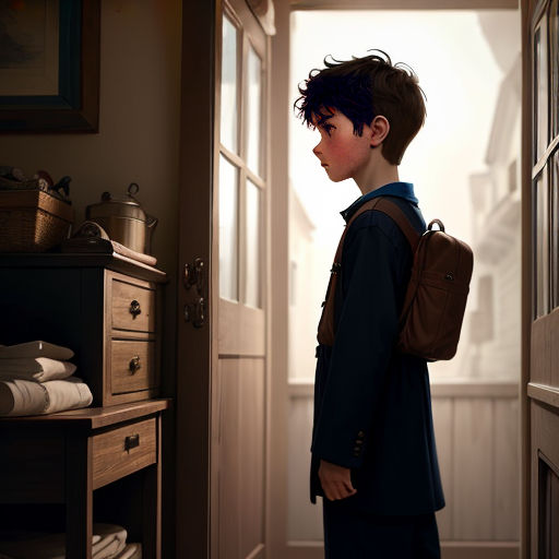 a boy with a backpack looking out of a doorway at a dresser and a window with a view of a building