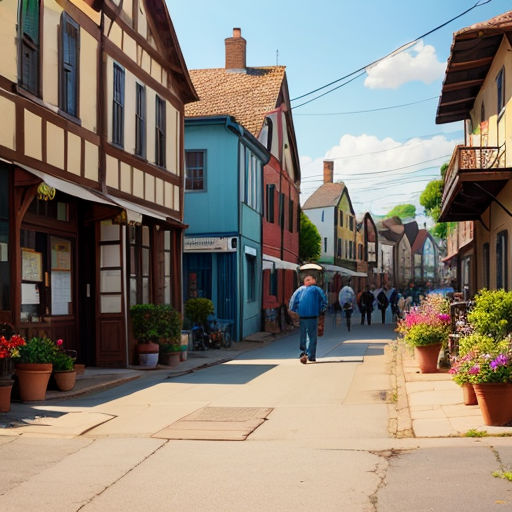a man walking down a street next to tall buildings with flowers in front of them and people walking down the street