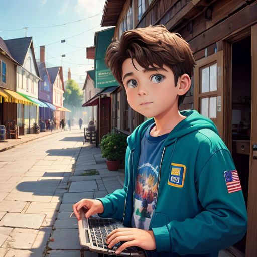 a boy in a blue sweatshirt is holding a laptop computer in front of a street with shops and buildings
