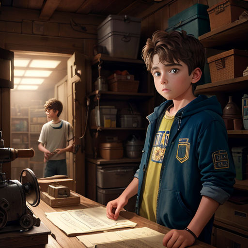a boy standing in a room with a machine and a man behind him looking at a piece of paper