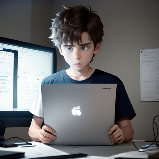 a young boy is using a laptop computer at a desk with a monitor and keyboard on it, and a monitor behind him