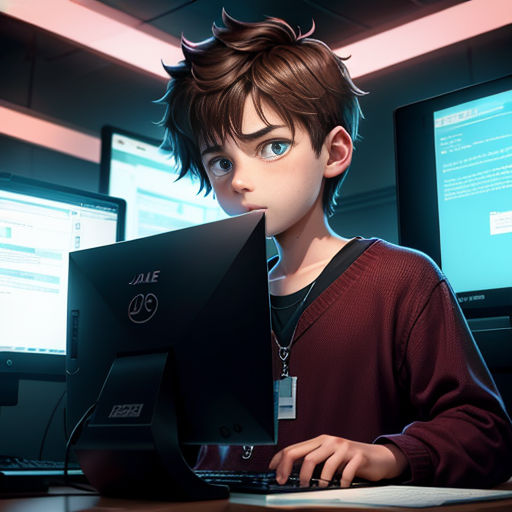 a boy sitting at a computer with a laptop in front of him and a monitor behind him with a keyboard and mouse