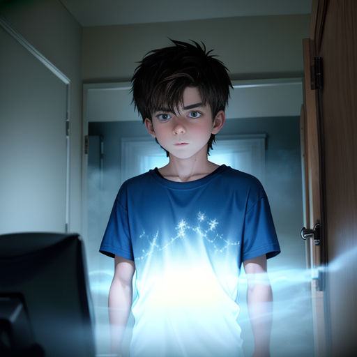 a boy standing in a doorway with a computer in front of him and a light shining through the door