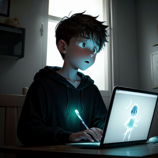 a boy is using a laptop computer with a glowing alien on the screen and a glowing light coming from his mouth