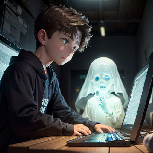 a boy sitting at a table with a laptop computer in front of him and a ghost behind him on the screen
