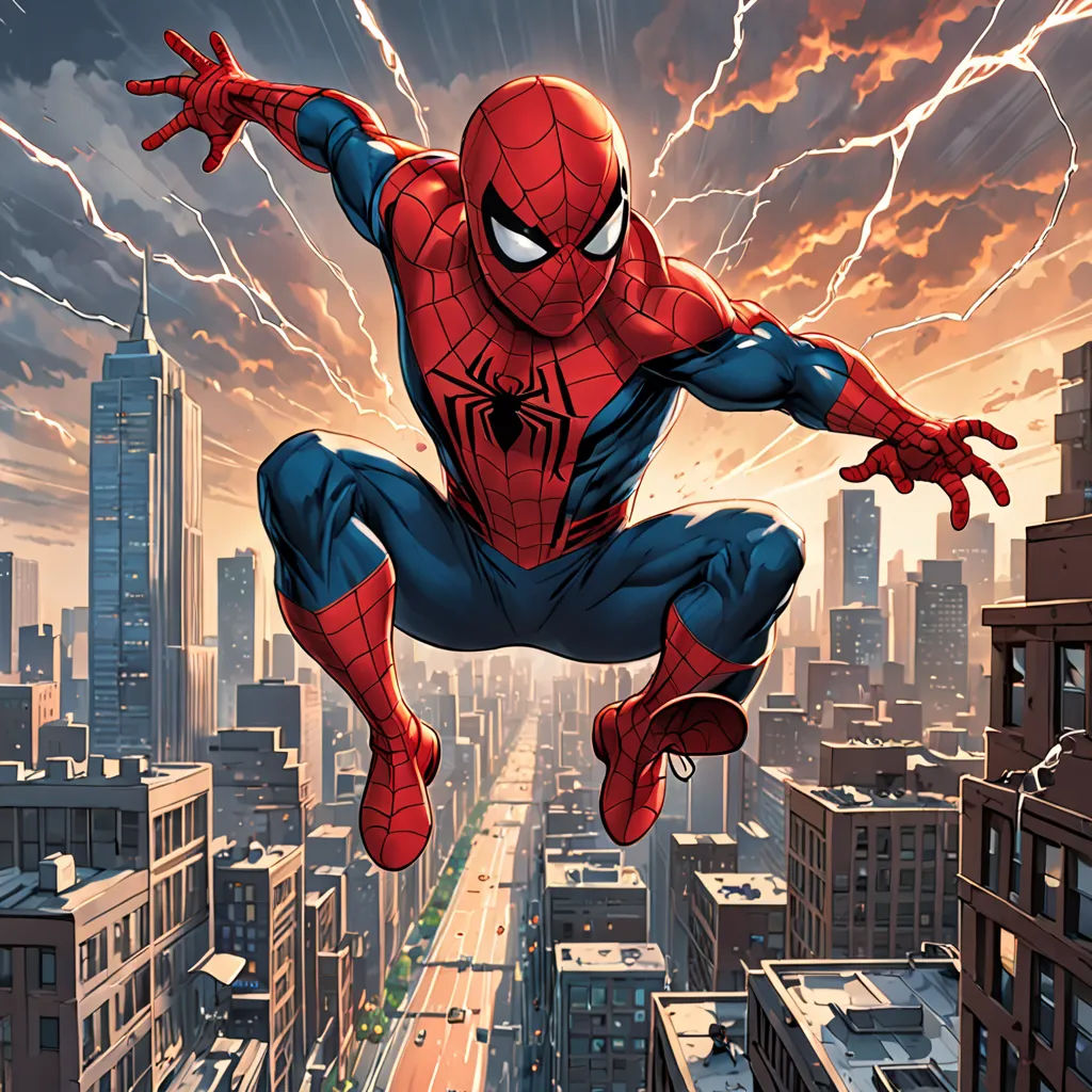 a spider man flying through the air over a cityscape with buildings in the background and lightning in the sky, altermodern, a comic book panel, Chip Zdarsky, marvel comics