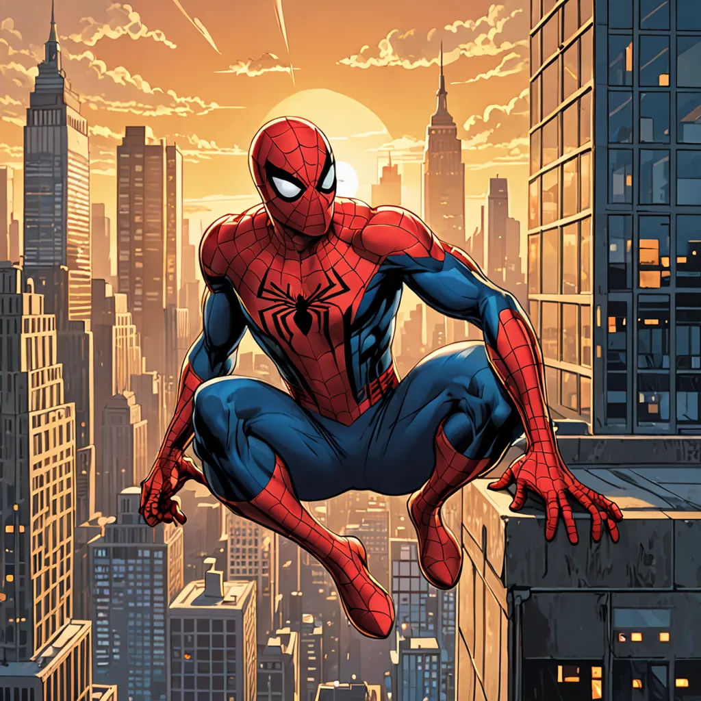 a spider man is jumping over a city at sunset in a cartoon style, with a cityscape in the background, sots art, a comic book panel, Alton Tobey, rossdraws global illumination
