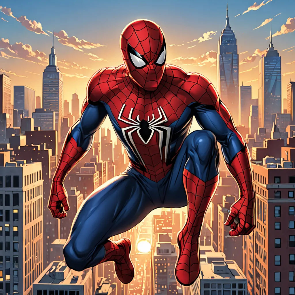 a spider man is jumping over a cityscape in a cartoon style, with a cityscape in the background, sots art, a comic book panel, Eddie Mendoza, comic cover art