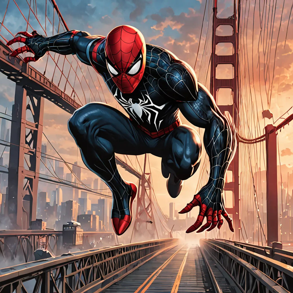 a spider man is jumping over a bridge in a city scene with a bridge in the background and a city skyline in the background, sots art, a comic book panel, Dan Mumford, official art