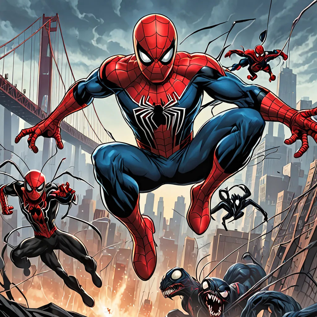 a spider man is jumping over a city with other spider men in the background and a bridge in the background, sots art, a comic book panel, Eddie Mendoza, comic cover art