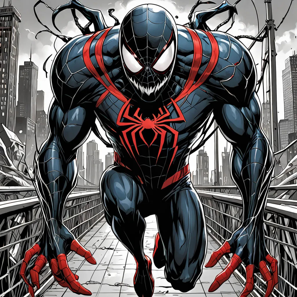 a spider man is running across a bridge in a city scene with skyscrapers in the background and a cityscape in the foreground, digital art, a comic book panel, Eddie Mendoza, yusuke murata