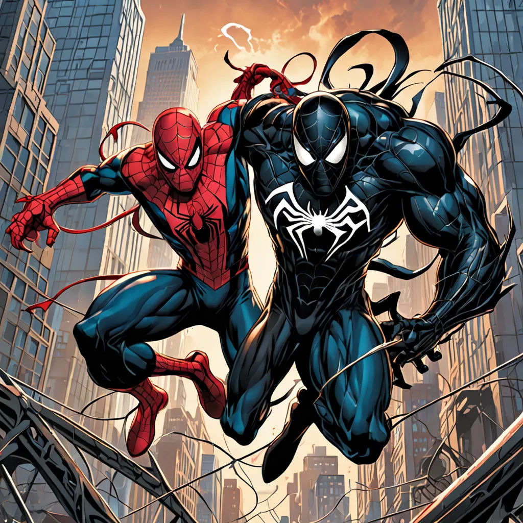a spider man and a spider man are in a city scene with skyscrapers and buildings in the background, antipodeans, a comic book panel, Eddie Mendoza, comic cover art