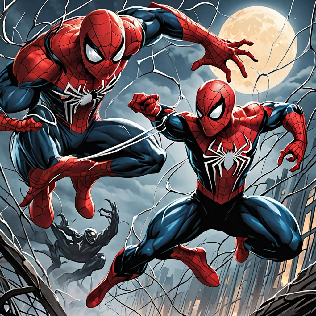 a spider man and a spider man are in a city scene with a full moon in the background and a full moon in the sky, sots art, a comic book panel, Brothers Hildebrandt, comic cover art