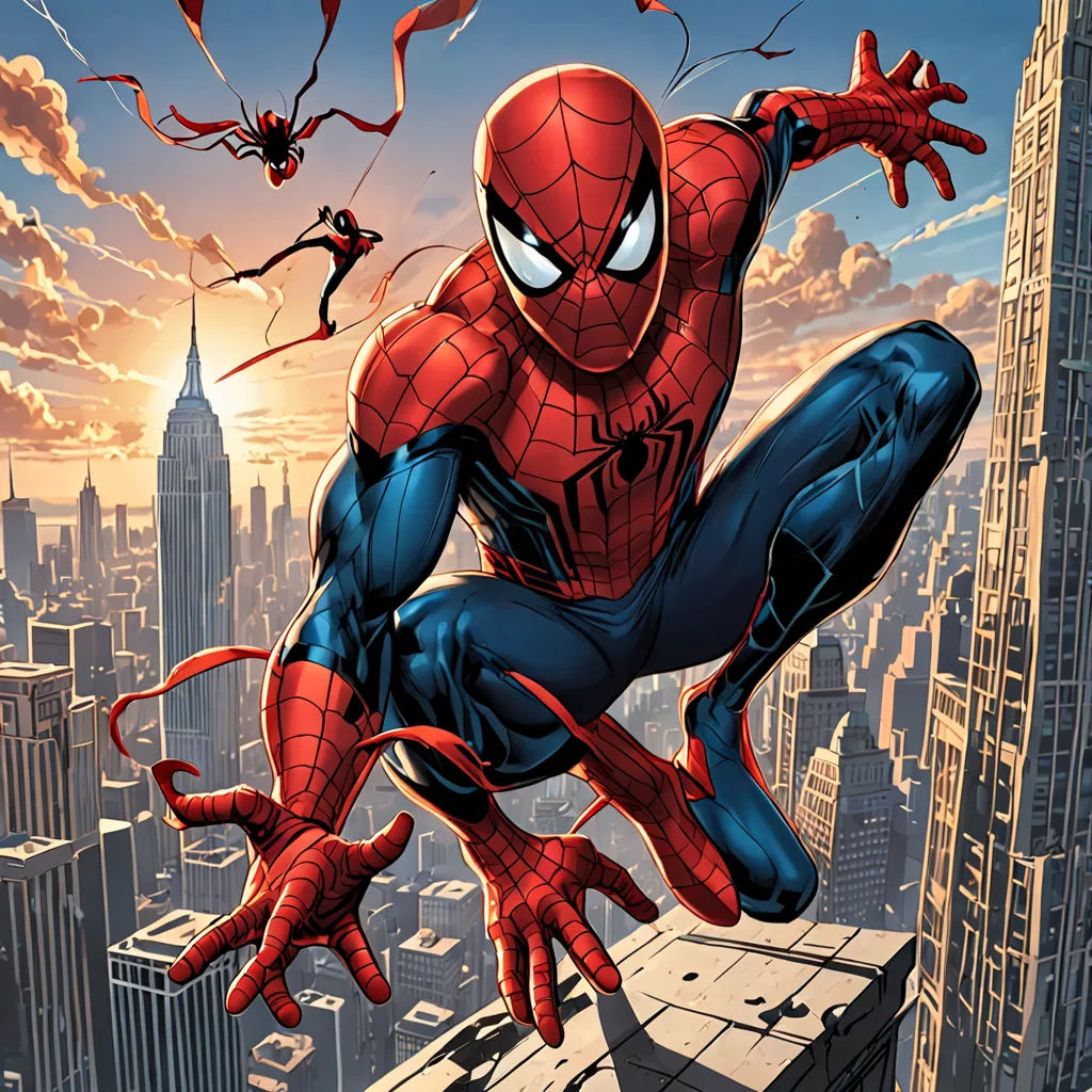 a spider man flying over a city with other spider men in the background and a cityscape in the foreground, photorealism, a comic book panel, Alton Tobey, marvel comics