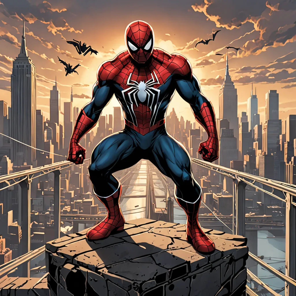a spider man standing on a ledge in front of a city skyline with a bat flying overhead in the background, sots art, a comic book panel, Eddie Mendoza, comic cover art