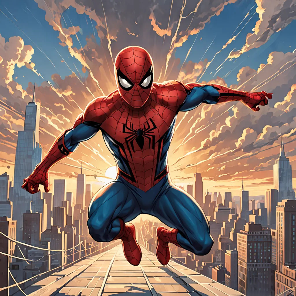 a spider man is jumping over a city street in a cartoon style, with a cityscape in the background, sots art, a comic book panel, Alton Tobey, rossdraws global illumination