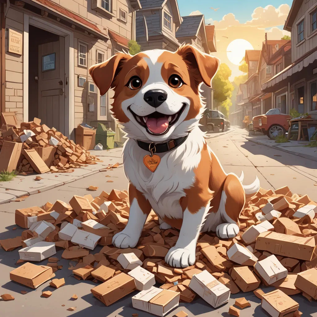 a dog sitting on a pile of bricks in the middle of a street with a building in the background, american scene painting, a storybook illustration, Chris LaBrooy, key art