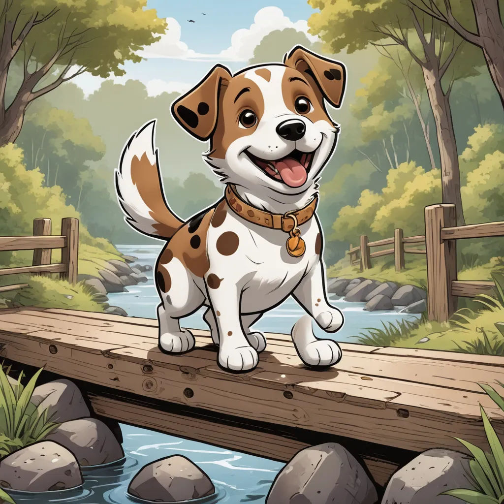 a dog standing on a wooden bridge over a river with a forest in the background and a river running through it, sots art, a character portrait, Allan Brooks, game art