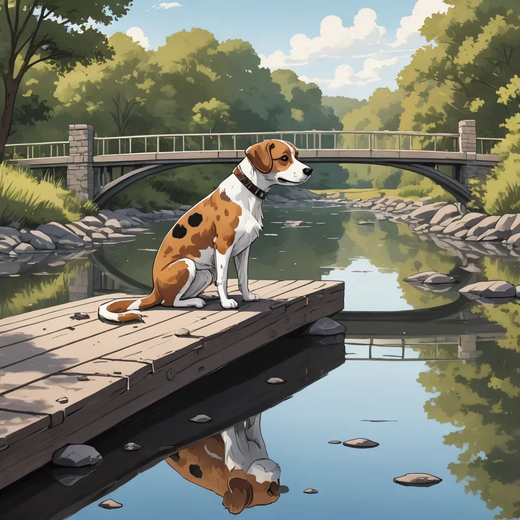 a dog sitting on a dock next to a river and a bridge with a bridge in the background and a bridge over the water, american scene painting, a comic book panel, Chip Zdarsky, promotional image