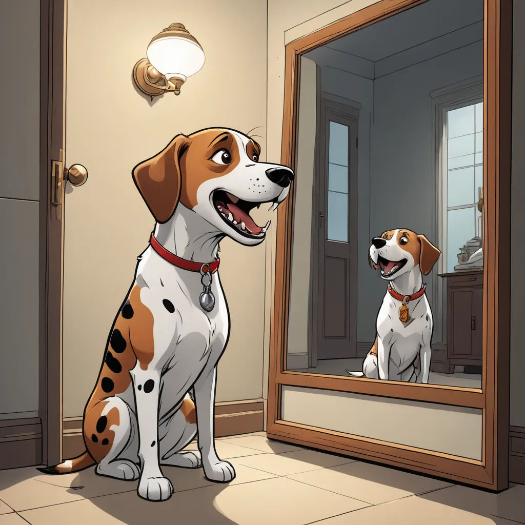 a dog sitting in front of a mirror looking at himself in the mirror, with a reflection of him, furry art, a comic book panel, Chip Zdarsky, official art