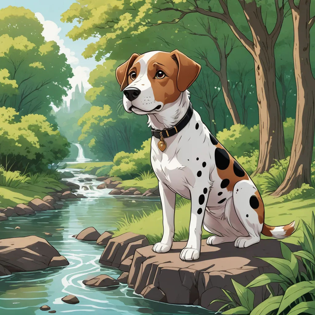 a dog sitting on a rock near a river and trees with a waterfall in the background, in a cartoon style, american scene painting, a storybook illustration, Cliff Childs, official art