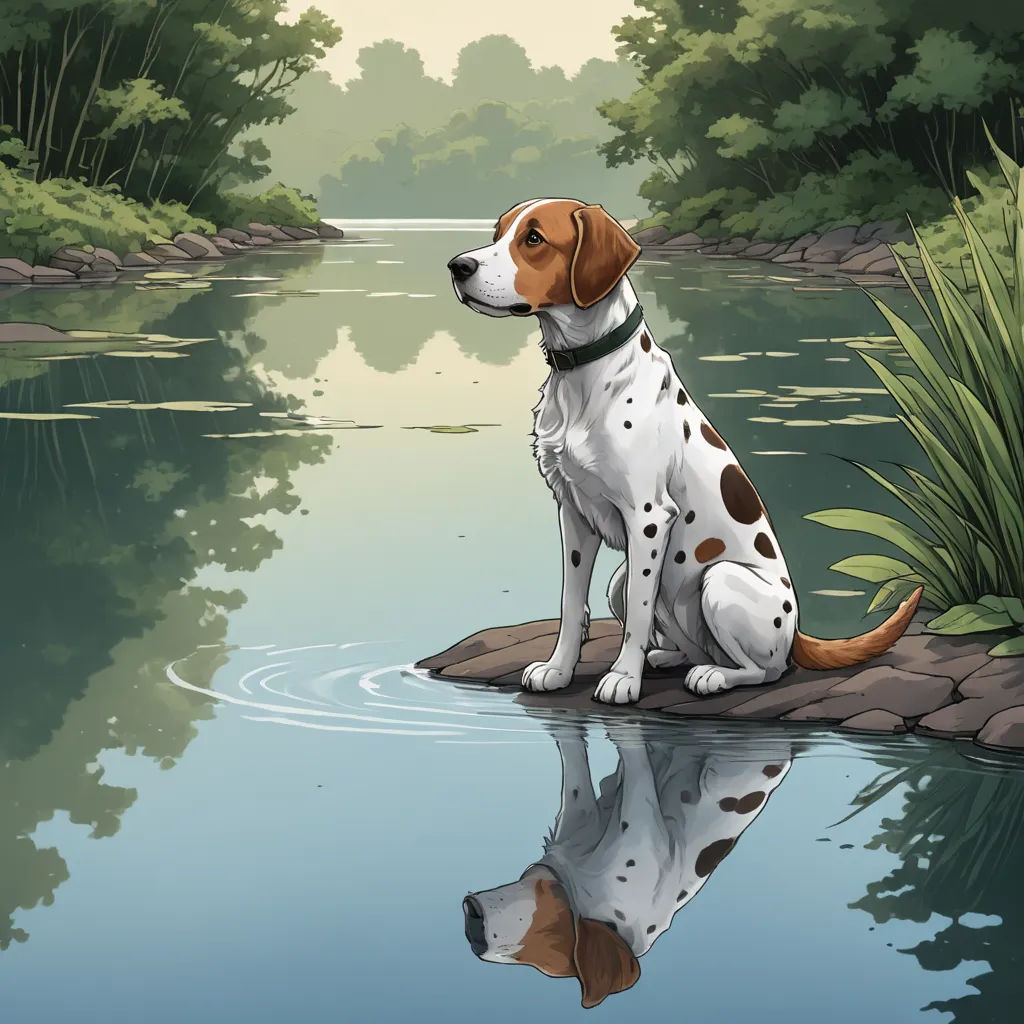 a dog sitting on a rock in the water near a forest and a riverbank with a reflection of it, environmental art, a storybook illustration, Allan Brooks, comic cover art