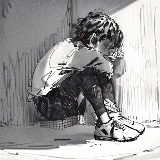 a person sitting on the ground with their head down and their hands in their pockets, with a backpack on their back